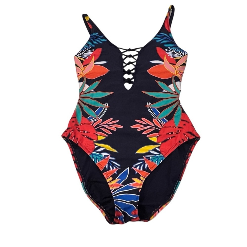 Women’s Bleu By Rod Beattie Navy Tropical Floral Lace Up Plunging Swimsuit — 6 - Picture 2 of 11